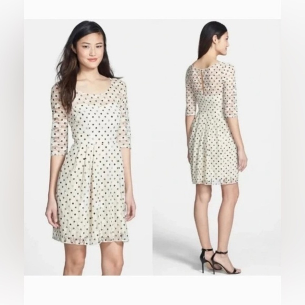Betsey Johnson Cream & Black Polka Dot & Lace Pleated Dress Size 12